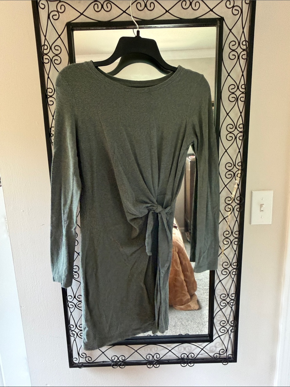 aerie Olive Green Long Sleeve Tie-Waist Dress